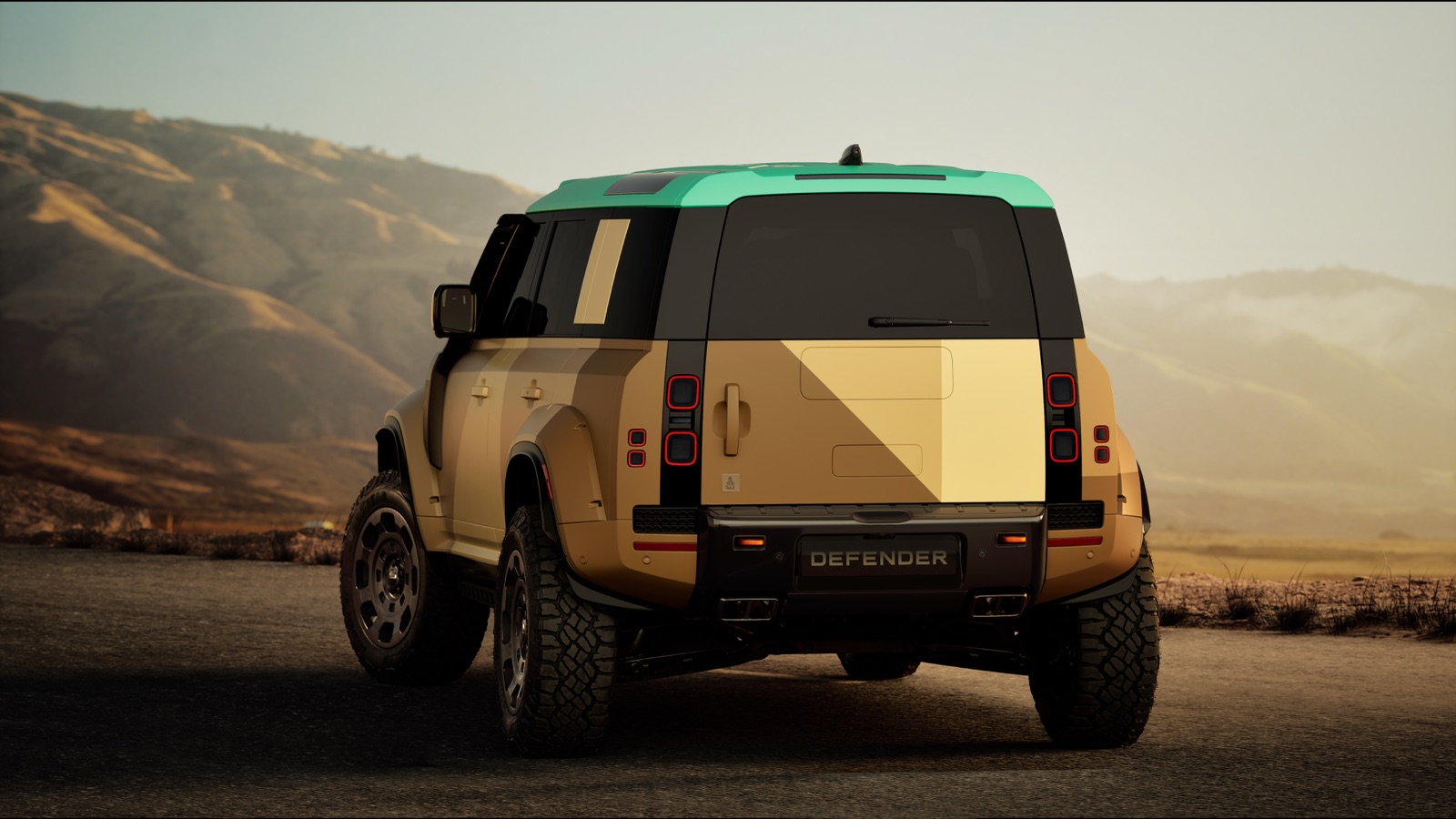 DEFENDER DAKAR のリア斜め後方ビュー。テールゲート・ブランキングプレートと固定式メタルルーフ