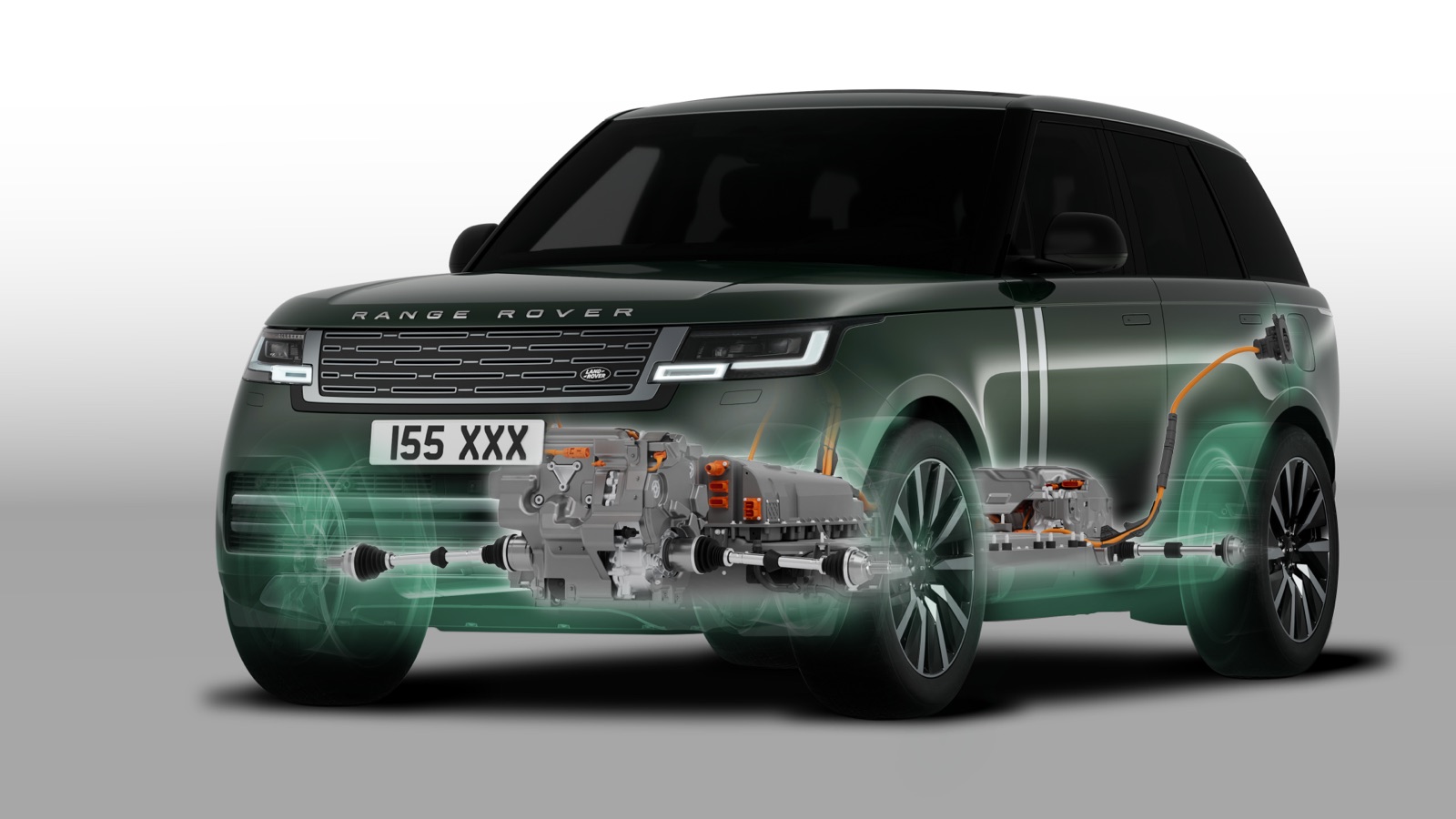 RANGE ROVER ELECTRIC のパワートレイン透視図。2基の電気モーターとバッテリーの搭載レイアウト